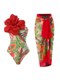 One-Piece Swimsuit With Tight Fit And Flower Print Set For Hot Spring Bathing, Comes With Chiffon Long Skirt