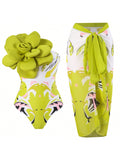 One-Piece Swimsuit With Tight Fit And Flower Print Set For Hot Spring Bathing, Comes With Chiffon Long Skirt