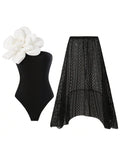 One-Piece Swimsuit With Tight Fit And Flower Print Set For Hot Spring Bathing, Comes With Chiffon Long Skirt