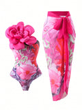 One-Piece Swimsuit With Tight Fit And Flower Print Set For Hot Spring Bathing, Comes With Chiffon Long Skirt