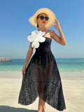 One Shoulder Swimsuit With 3D Flower Decoration And Lace Cover-Up Skirt