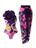 One-Piece Swimsuit With Tight Fit And Flower Print Set For Hot Spring Bathing, Comes With Chiffon Long Skirt